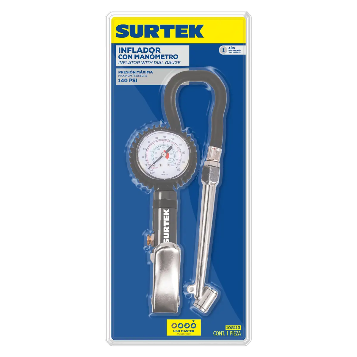 MEDIDOR DE PRESION CON MANOMETRO 220PSI SURTEK – 108113 - Imagen 2